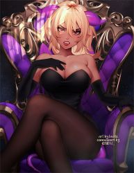 Rule 34 | 1girl, black gloves, black leotard, blonde hair, breasts, brown pantyhose, cleavage, commentary, commission, copyright request, crossed legs, dark-skinned female, dark skin, elbow gloves, english commentary, fangs, fangs out, gloves, hair between eyes, hand up, head tilt, highres, horns, large breasts, lavelis, leotard, lipstick, long hair, looking at viewer, makeup, pantyhose, parted lips, red eyes, red lips, sanpaku, sitting, skindentation, solo, throne