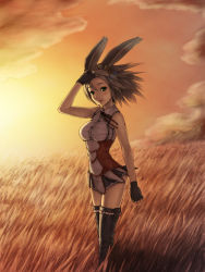Rule 34 | 1girl, animal ears, bare shoulders, blush, boots, bow, breasts, rabbit ears, dusk, earrings, fingerless gloves, gloves, grass, green eyes, grey hair, highres, jewelry, large breasts, mountain, open mouth, original, short hair, solo, thigh boots, thighhighs, yoshikawa hazure