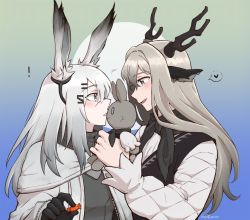 Rule 34 | !, 2girls, alina (arknights), animal ears, antlers, arknights, black dress, black gloves, black neckerchief, black scarf, black shirt, blue background, brown hair, candy, coat, commentary, deer antlers, deer ears, deer girl, dlanon, dress, ear ornament, english commentary, eye contact, food, from side, frostnova (arknights), gloves, gradient background, grey eyes, grey hair, hair ornament, hairclip, heart, holding, holding candy, holding food, holding stuffed toy, horns, long hair, looking at another, multiple girls, neckerchief, open mouth, pinafore dress, profile, rabbit ears, scar, scar on face, scar on nose, scarf, shirt, sleeveless, sleeveless dress, spoken heart, stuffed animal, stuffed rabbit, stuffed toy, upper body, white coat, yuri
