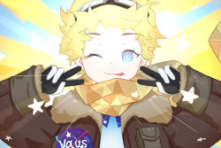 Rule 34 | 1boy, blonde hair, blue eyes, bright pupils, double v, emotional engine - full drive, fate/grand order, fate/requiem, fate (series), glowing, goggles, goggles on head, hands up, highres, jacket, leather, leather jacket, looking at viewer, male focus, official alternate costume, one eye closed, parody, parted bangs, scarf, short hair, smile, solo, sparkle, star (symbol), upper body, v, voyager (fate), voyager (third ascension) (fate), wodemaguane (18327102), yellow background, yellow scarf