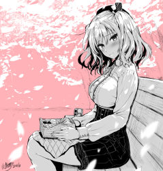Rule 34 | 10s, 1girl, bench, blush, breasts, hat, kantai collection, kashima (kancolle), kojima saya, large breasts, long sleeves, looking at viewer, monochrome, bento, shirt, sitting, skirt, solo, spot color, twintails