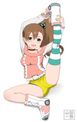 Rule 34 | 1girl, :d, arms up, bare shoulders, blush, brown hair, butterfly hair ornament, choker, chousoku henkei gyrozetter, full body, green eyes, hair ornament, inaba rinne, leg up, long hair, looking at viewer, open mouth, ribbon choker, roller shoes, shoes, shorts, side ponytail, single thighhigh, sitting, smile, solo, stretching, striped clothes, striped thighhighs, thighhighs, yamada ichizoku