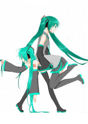 Rule 34 | 2girls, boots, carrying, clone, detached sleeves, dual persona, green hair, hatsune miku, long hair, multiple girls, nyakelap, simple background, skirt, thigh boots, thighhighs, tileable, very long hair, vocaloid, white background