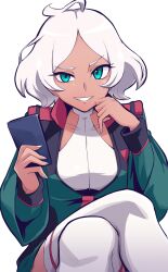 Rule 34 | 1girl, ahoge, asticassia school uniform, breasts, cellphone, clenched teeth, closed mouth, commentary request, dark-skinned female, dark skin, green eyes, grin, gundam, gundam suisei no majo, halter leotard, halterneck, highres, holding, holding phone, leotard, long sleeves, looking at viewer, medium breasts, phone, school uniform, secelia dote, short hair, simple background, smile, teeth, thighhighs, usoco, white background, white hair, white leotard, white thighhighs