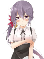 Rule 34 | 10s, 1girl, absurdres, akebono (kancolle), alternate costume, bell, blush, bow, flower, frown, hair bell, hair flower, hair ornament, highres, jingle bell, kantai collection, long hair, looking at viewer, purple eyes, purple hair, saku (kudrove), side ponytail, simple background, solo, tray, waiter, white background