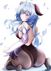 Rule 34 | 1girl, ahoge, artist request, ass, bare shoulders, blue hair, blush, bodysuit, breasts, detached sleeves, from behind, ganyu (genshin impact), genshin impact, gloves, highres, horns, huge ass, large breasts, leotard, long hair, looking at viewer, looking back, pantyhose, purple eyes, shiny clothes, shiny skin, sideboob, sitting, solo, very long hair, wariza