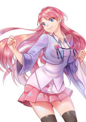Rule 34 | 1girl, absurdres, black thighhighs, blue eyes, clenched hand, hands up, highres, hy (hungyu), long hair, looking at viewer, original, pink hair, pink skirt, skirt, smile, solo, standing, thighhighs, wide sleeves