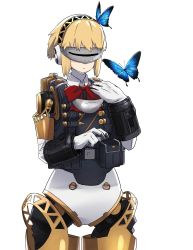 Rule 34 | 1girl, aegis (persona), android, armor, blonde hair, blush, bow, bug, butterfly, headphones, highres, bug, joints, persona, persona 3, rdc7229, ribbon, robot joints, short hair, simple background, solo, vest, visor, weapon