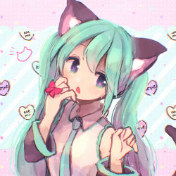 Rule 34 | 1girl, animal ear fluff, animal ears, bare shoulders, black sleeves, blue eyes, blush, bow, cat ears, cat girl, cat tail, collared shirt, commentary, detached sleeves, diagonal stripes, green eyes, green hair, green necktie, hair between eyes, hands up, hatsune miku, heart, heart-shaped pupils, highres, kemonomimi mode, long hair, long sleeves, necktie, open mouth, polka dot, polka dot background, red bow, shirt, sleeveless, sleeveless shirt, solo, striped, striped background, symbol-shaped pupils, tail, twintails, upper body, very long hair, vocaloid, white shirt, yuirinex