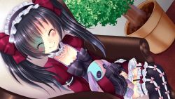 Rule 34 | 1girl, artist request, asia (monster musume), black hair, black thighhighs, blush, breasts, cleavage, closed eyes, dress, game cg, garter straps, gothic lolita, hair between eyes, lolita fashion, maid headdress, monster musume no iru nichijou, monster musume no iru nichijou online, official art, patchwork skin, plant, potted plant, red dress, sitting, small breasts, smile, solo, stitches, stuffed animal, stuffed rabbit, stuffed toy, thighhighs, twintails