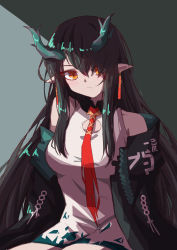 Rule 34 | 1girl, :/, absurdres, arknights, bare shoulders, breasts, cleavage cutout, clothing cutout, ddman, dragon girl, dress, dusk, dusk (arknights), green hair, green horns, highres, horns, jacket, large breasts, long hair, looking at viewer, multicolored hair, pointy ears, red tie, simple background, solo, streaked hair, very long hair, white dress