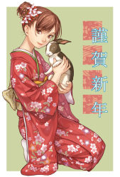 Rule 34 | akeome, hair bun, happy new year, japanese clothes, kimono, kneeling, new year, original, rabbit, single hair bun, solo, yuuryuu nagare