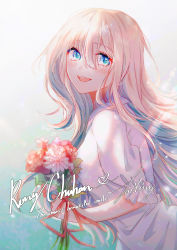 Rule 34 | 1girl, :d, absurdres, blonde hair, blue eyes, blush, bouquet, dress, floating hair, flower, gradient background, hair between eyes, highres, holding, holding bouquet, llg062666, long hair, looking at viewer, open mouth, original, red flower, red ribbon, ribbon, smile, solo, straight hair, very long hair, white dress, white flower