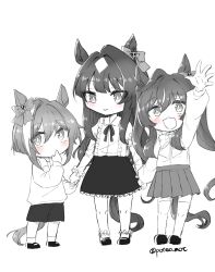 Rule 34 | 3girls, aged down, animal ears, ankle socks, arm up, bow, bright pupils, cheval grand (umamusume), commentary, ear bow, finger to mouth, greyscale, hair between eyes, hair intakes, highres, holding hands, horse ears, horse girl, horse tail, long hair, monochrome, multicolored hair, multiple girls, neck ribbon, poteo (poteo mot), ribbon, short hair, siblings, sisters, sketch, socks, spot color, streaked hair, tail, thighhighs, twintails, twitter username, umamusume, v sisters, verxina (umamusume), very long hair, vivlos (umamusume), waving