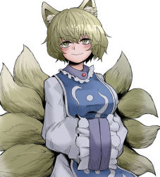 Rule 34 | 1girl, animal ear fluff, animal ears, blonde hair, closed mouth, dress, fe (tetsu), fox ears, fox tail, hands in opposite sleeves, long sleeves, looking at viewer, multiple tails, short hair, simple background, solo, tabard, tail, touhou, upper body, white background, white dress, yakumo ran, yellow eyes