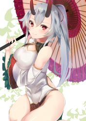 Rule 34 | 1girl, ashino, blush, breasts, china dress, chinese clothes, commentary request, detached sleeves, dress, fate/grand order, fate (series), frilled sleeves, frills, heroic spirit traveling outfit, highres, holding, holding umbrella, horns, long hair, looking at viewer, medium breasts, oil-paper umbrella, oni horns, red eyes, side slit, silver hair, smile, solo, tomoe gozen (fate), tomoe gozen (traveling outfit) (fate), umbrella, white dress, wide sleeves