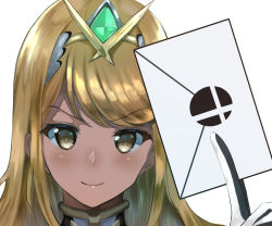 Rule 34 | 1girl, blonde hair, blush, commentary request, earrings, envelope, fingerless gloves, gem, gloves, glowing, hairband, holding, holding envelope, jewelry, long hair, looking at viewer, mythra (xenoblade), nayutayutautau, nintendo, nose blush, simple background, solo, super smash bros., swept bangs, upper body, white background, white gloves, xenoblade chronicles (series), xenoblade chronicles 2, yellow eyes