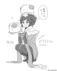 Rule 34 | 1girl, ?, animal, animal on head, bad id, bad pixiv id, drooling, freckles, greyscale, horns, hungry, jackkazu39, league of legends, monochrome, on head, poro (league of legends), saliva, short hair, solo, squatting, stomach growling, taliyah, translated