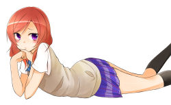 Rule 34 | 10s, 1girl, arms up, blush, bow, bowtie, dress shirt, hands on own face, highres, looking at viewer, love live!, love live! school idol project, lying, nishikino maki, on floor, purple eyes, red hair, school uniform, shirt, short hair, short sleeves, simple background, solo, sweater, sweater vest, vest, white background, yukina (masyumaro610)