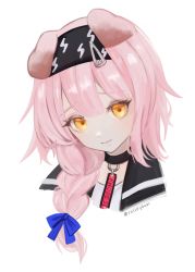Rule 34 | 1girl, animal ears, arknights, black hairband, blue bow, blush, bow, braid, cat ears, closed mouth, commentary, english commentary, goldenglow (arknights), hair bow, hairband, highres, julie, lightning bolt print, long hair, looking at viewer, pink hair, portrait, side braid, simple background, solo, twitter username, white background, yellow eyes