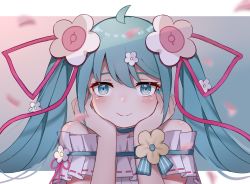 Rule 34 | bare shoulders, blue eyes, blue hair, blue nails, blurry, blurry foreground, closed mouth, frilled shirt, frills, hair ornament, hands on own cheeks, hands on own face, hatsune miku, hatsune miku (append), highres, long hair, looking at viewer, magical mirai miku, magical mirai miku (2021), nail polish, petals, shirt, smile, solo, twintails, vocaloid, vocaloid append, white shirt, yikuaiguapi46577