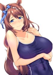 Rule 34 | 1girl, animal ears, arm under breasts, blue eyes, blue one-piece swimsuit, blue ribbon, bow, braid, breasts, brown hair, competition school swimsuit, crown braid, ear ribbon, embarrassed, half-closed eyes, highres, horse ears, horse girl, horse tail, kuurunaitsu, large breasts, long hair, looking at viewer, one-piece swimsuit, ribbon, school swimsuit, simple background, single braid, solo, super creek (umamusume), swimsuit, tail, umamusume, upper body, very long hair, white background