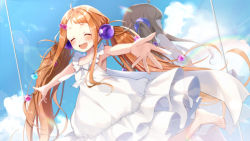 Rule 34 | 1girl, artist request, blue eyes, blue sky, blush, dress, hair ornament, key visual, long hair, looking at viewer, mikoshi taran, official art, open mouth, orange hair, promotional art, re:act, sky, smile, solo, teeth, twintails, upper teeth only, very long hair, virtual youtuber, white dress