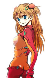 Rule 34 | 00s, 1girl, ass, blue eyes, blush, bodysuit, bracer, breasts, cowboy shot, evangelion: 2.0 you can (not) advance, from behind, gloves, hair ornament, light smile, long hair, looking at viewer, looking back, mizukami satoshi, multicolored clothes, neon genesis evangelion, orange hair, plugsuit, rebuild of evangelion, red hair, simple background, sketch, small breasts, smile, solo, souryuu asuka langley, test plugsuit, turtleneck, two side up, white background