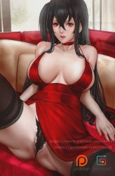 Rule 34 | 1girl, areola slip, azur lane, bad id, bad twitter id, black hair, breasts, dress, gumroad logo, gumroad username, highres, large breasts, navel, official alternate costume, panties, parted lips, patreon logo, patreon username, pussy, red dress, sherylnome, solo, spread legs, taihou (azur lane), taihou (forbidden feast) (azur lane), thighhighs, thighs, uncensored, underwear