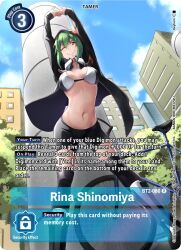 Rule 34 | 1girl, arms up, bicycle, bike shorts, bikini, bikini top only, bikini under clothes, blue sky, breasts, brown eyes, cammy stretch (meme), card (medium), cleavage, digimon, digimon card game, digimon story: cyber sleuth, digimon world re:digitize, female focus, green hair, hood, hoodie, keyliom, large breasts, meme, one eye closed, revealing clothes, shinomiya rina, sky, stomach, swimsuit, tagme, wide hips