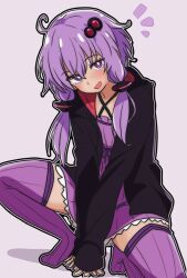 Rule 34 | 1girl, blush, criss-cross halter, dress, hair ornament, halterneck, hood, hood down, hoodie, long sleeves, looking at viewer, nation1213, no shoes, open mouth, purple eyes, purple hair, short dress, short hair with long locks, sleeves past wrists, smile, solo, squatting, thighhighs, vocaloid, voiceroid, yuzuki yukari