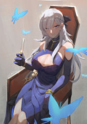Rule 34 | 1girl, alcohol, azur lane, bare shoulders, belfast (azur lane), belfast (the noble attendant) (azur lane), blue butterfly, blue dress, blue gloves, bracelet, braid, breasts, bug, butterfly, chain, chair, champagne, champagne flute, chilakkk, cleavage, cleavage cutout, closed mouth, clothing cutout, cup, dress, drinking glass, elbow gloves, french braid, gloves, gold chain, hair ornament, highres, insect, jewelry, large breasts, long hair, looking at viewer, purple eyes, silver hair, sitting, smile