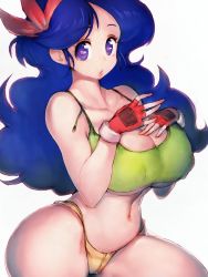 Rule 34 | 1girl, alternate breast size, alternate costume, bare shoulders, blue eyes, blue hair, breasts, curvy, dragon ball, fumio (rsqkr), highres, huge breasts, large breasts, long hair, looking at viewer, lunch (dragon ball), lunch (good) (dragon ball), midriff, navel, parted lips, simple background, solo, white background