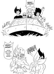 Rule 34 | 3girls, 4boys, android 18, bald, black hair, blush, boat, breasts, bulma, chi-chi (dragon ball), comic, commentary, covering privates, covering breasts, dragon ball, dragonball z, embarrassed, english text, facial hair, fins, fish tail, funsexydb, greyscale, highres, kuririn, large breasts, long hair, mermaid, monochrome, monster girl, multiple boys, multiple girls, muten roushi, name on shirt, navel, scales, son goku, sound effects, spiked hair, stubble, sunglasses, tail, tail slapping, vegeta, watercraft