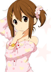 Rule 34 | 1girl, alternate hairstyle, arm behind head, bracelet, hair between eyes, hair ornament, hair scrunchie, hairclip, hand up, hirasawa yui, jewelry, k-on!, looking at viewer, official style, ragho no erika, scrunchie, shirt slip, side ponytail, sleepwear, solo, star (symbol), starry background, upper body, white background