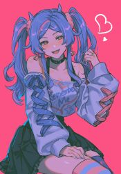 Rule 34 | 1girl, asymmetrical legwear, black skirt, blue bow, blue hair, blue nails, blue shirt, bow, brown eyes, copyright request, crop top, english text, highres, long sleeves, looking at viewer, multicolored hair, noriuma, pink background, shirt, sketch, skirt, smile, solo, streaked hair, thighs, twintails
