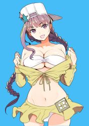 Rule 34 | 1girl, :d, backwards hat, bad id, bad twitter id, bandeau, baseball cap, bb (fate), bb (fate) (all), bb (swimsuit mooncancer) (fate), bb (swimsuit mooncancer) (first ascension) (fate), bikini, blue background, breasts, brown eyes, brown hair, clothes pull, commentary request, cowboy shot, fate/grand order, fate (series), front-tie top, groin, hat, hat ornament, head tilt, large breasts, long hair, looking at viewer, microskirt, miniskirt, nakasone haiji, navel, open mouth, pulling own clothes, shirt, shirt pull, sideways hat, simple background, skirt, smile, solo, standing, star (symbol), star hat ornament, stomach, strapless, strapless bikini, swimsuit, very long hair, white bikini, yellow shirt, yellow skirt