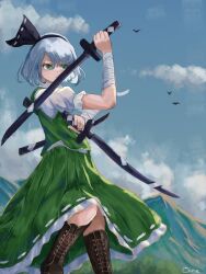 Rule 34 | 1girl, absurdres, bandaged arm, bandages, bird, black hairband, boots, brown footwear, closed mouth, cloud, commentary, cross-laced footwear, green eyes, green skirt, green vest, grey hair, hairband, highres, holding, holding sword, holding weapon, konpaku youmu, lace-up boots, looking at viewer, multiple swords, ourie, outdoors, shirt, short hair, short sleeves, signature, skirt, sky, solo, sword, touhou, vest, weapon, white shirt