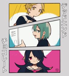 Rule 34 | 1girl, 2boys, black hair, black shirt, blonde hair, blue eyes, blue hair, border, closed mouth, commentary, dead end chocolate (vocaloid), gakuran, gauze on cheek, grey border, hair over one eye, half-closed eyes, hand up, head tilt, heart, highres, holding strap, locker, long hair, multiple boys, neckerchief, one eye covered, open mouth, parted bangs, pink eyes, pink neckerchief, profile, sailor collar, school uniform, serafuku, shirt, short hair, shoulder strap, signature, smile, song name, symbol-only commentary, toukashi (2tou9), translation request, white sailor collar, yellow eyes