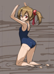 Rule 34 | 10s, 1girl, arms up, ass, bare shoulders, blue one-piece swimsuit, blue school swimsuit, blush, breasts, brown hair, from behind, hair ornament, hair ribbon, kneeling, looking at viewer, looking back, one-piece swimsuit, partially submerged, red eyes, ribbon, rohitsuka, school swimsuit, silica, sketch, small breasts, smile, solo, swimsuit, sword art online, twintails, water