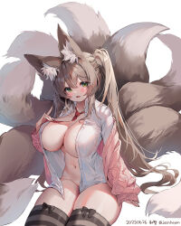 Rule 34 | 1girl, animal ear fluff, animal ears, breasts, brown hair, brown thighhighs, cardigan, cleavage, collared shirt, commission, dress shirt, fox ears, fox girl, fox tail, green eyes, highres, kitsune, large breasts, large tail, long hair, long sleeves, looking at viewer, multiple tails, navel, necktie, no bra, no panties, off shoulder, open cardigan, open clothes, open mouth, open shirt, original, pink cardigan, plushmallow, ponytail, shiro albino, shirt, sitting, smile, solo, stomach, striped clothes, striped thighhighs, tail, thick thighs, thighhighs, thighs, very long hair, white shirt