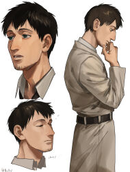 Rule 34 | 1boy, absurdres, alternate universe, armband, belt, bertolt hoover, black hair, closed eyes, coat, collared shirt, cropped legs, expressions, facial hair, from side, goatee, highres, male focus, marley military uniform, nsozp, shingeki no kyojin, shirt, short hair, solo, standing, stubble, thinking, trench coat