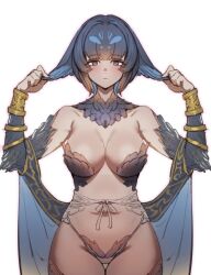 Rule 34 | 1girl, bikini, blue eyes, blue hair, bow (bhp), breasts, cleavage, closed mouth, commentary request, copyright request, large breasts, looking at viewer, navel, red pupils, short hair, simple background, solo, swimsuit, thighs, white background