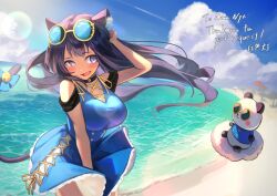 Rule 34 | 1girl, absurdres, adjusting hair, animal ear fluff, animal ears, bare shoulders, beach, beach umbrella, bell, blue dress, blush, breasts, cat ears, cat girl, cat tail, commission, dark-skinned female, dark skin, day, dress, eyewear on head, fang, hakusyokuto, highres, jingle bell, large breasts, long hair, looking to the side, ocean, original, outdoors, panda, purple eyes, purple hair, ribbon, sand, skeb commission, smile, sunglasses, tail, tail ornament, tail raised, tail ribbon, thank you, umbrella