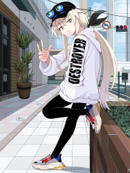 Rule 34 | 1girl, absurdres, alternate costume, black hat, black pantyhose, blonde hair, chewing gum, clothes writing, fingernails, grey eyes, hair between eyes, hand in pocket, hat, highres, hood, hoodie, kantai collection, long hair, long sleeves, pantyhose, shimakaze (kancolle), shoes, sign, sneakers, solo, traffic light, tussy, white hoodie