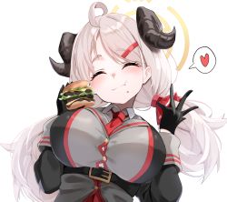 Rule 34 | 1girl, ahoge, belt, black gloves, blue archive, breasts, burger, eating, closed eyes, food, gloves, grey hair, hair ornament, hairclip, halo, heart, highres, horns, izumi (blue archive), large breasts, long hair, low twintails, necktie, portrait, simple background, solo, spoken heart, twintails, uniform, white background, yuki nko64