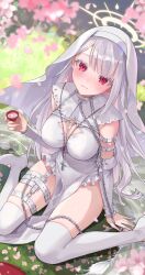 Rule 34 | arm belt, boots, breasts, chain, chain leash, cherry blossoms, chest harness, choko (cup), collar, cup, detached sleeves, garter straps, halo, harness, highres, leash, long hair, looking at viewer, looking up, medium breasts, nima (niru54), nun, original, red eyes, thigh boots, thigh strap, white hair