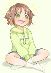 Rule 34 | + +, 1girl, :d, ariga toko, bare legs, between legs, blonde hair, blue shorts, brown hair, colored inner hair, commentary, drawstring, fang, full body, green eyes, green hoodie, hand between legs, highres, hood, hood down, hoodie, indian style, long sleeves, looking at viewer, multicolored hair, no shoes, oka asahi, onii-chan wa oshimai!, open mouth, short hair, shorts, signature, simple background, sitting, smile, socks, solo, two-tone hair, two side up