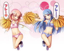 Rule 34 | 2girls, :d, :o, armpits, bare arms, bare shoulders, blue eyes, blue footwear, blue hair, blue panties, blue skirt, bow, bow bra, bow panties, bra, breasts, cheerleader, chima q, collarbone, daiyousei mob (touhou), extra, fairy, fairy wings, hair ornament, heart, legs, long hair, looking at viewer, multiple girls, navel, open mouth, outstretched arm, panties, pink hair, pink panties, pom pom (cheerleading), red bow, red eyes, shoes, skirt, small breasts, smile, sneakers, spoken heart, thighs, touhou, translated, underwear, underwear only, wings, yellow bow