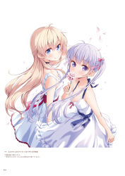 Rule 34 | 2girls, black choker, blonde hair, blue eyes, bow, breasts, choker, cleavage, closed mouth, collarbone, downblouse, dress, floating hair, flower, hair between eyes, hair bow, halterneck, highres, holding, holding flower, long hair, multiple girls, new game!, official art, page number, pink bow, purple eyes, red bow, silver hair, sleeveless, sleeveless dress, small breasts, smile, solo, standing, straight hair, sundress, suzukaze aoba, tokunou shoutarou, very long hair, white background, white dress, yagami kou
